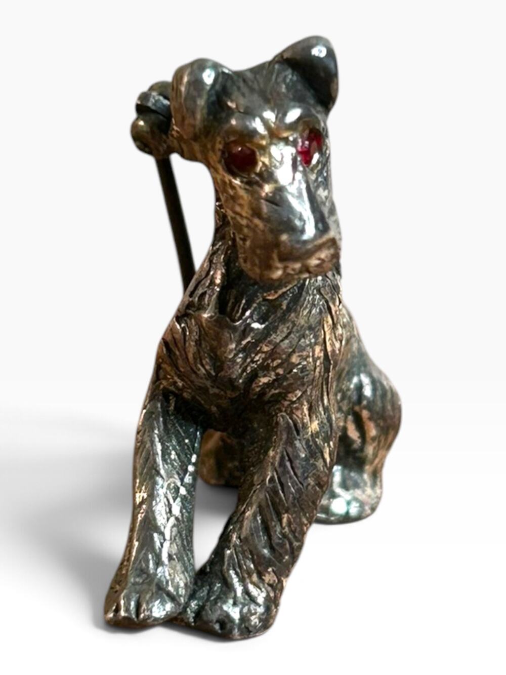 Vintage Silver Tone Terrier Dog Brooch Pin Red Rhinestone Eyes Figural 1960s